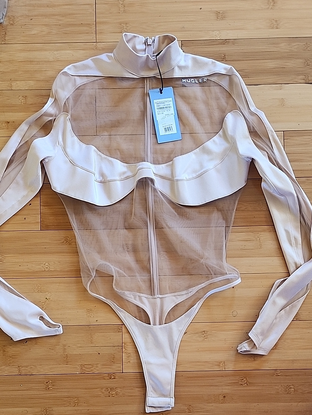 NWT Mugler Nude Sheer Mesh Long-Sleeve Zip One-Piece Bodysuit